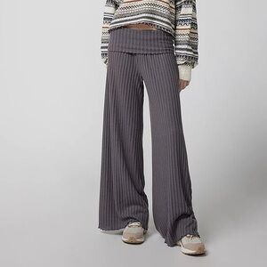 Urban Outfitters Ribbed Foldover Waist Wide-Leg Pants - Gray